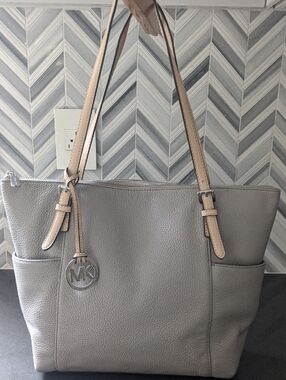 Michael Kors Light Gray Pebbled Leather Tote with Beige Straps